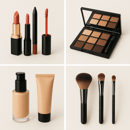 Collage of makeup products including lipsticks, a palette, foundation, and brushes on a light background.