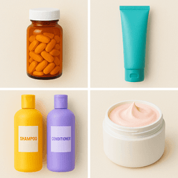 Four product images arranged in a grid on a beige background: orange pill bottle, teal tube, yellow shampoo bottle, purple conditioner bottle, and white jar with pink cream.